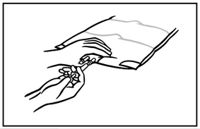 Two hands holding a syringe to inject a medication into a leg lying on a flat surface, with black outline lines on a white background