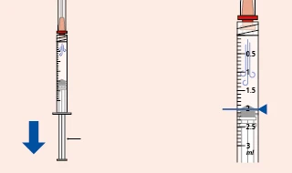 Two vertical syringes with ml graduations showing the plunger moving downward to draw in liquid, indicated by a blue arrow