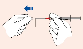 Two hands moving a syringe to the left with a blue arrow indicating the direction of the plunger's movement