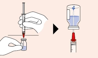 A hand holding a syringe drawing liquid from a vial, then showing the syringe filled with bluish liquid