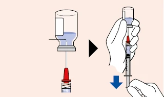 Diagram showing the process of drawing liquid from a vial using a syringe and needle, with a black and a blue arrow indicating the sequence