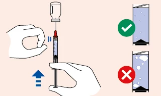 Medical diagram showing a hand pulling the plunger of a syringe with a green checkmark indicating removal of air bubbles