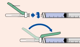 Diagram showing how to attach and rotate a medical device onto a syringe to connect them properly