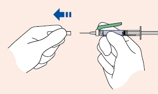 Two hands removing a protective cap from the tip of a syringe needle, with a blue arrow indicating movement to the left