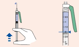 A hand holding a syringe filled with blue liquid, with an arrow indicating the 2 ml dose level on the syringe's scale