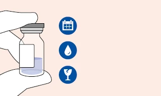 A gloved hand holding a vial with liquid next to three blue icons representing a calendar, a droplet, and a break symbol