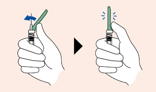 Two-step illustration showing a hand tilting a syringe with needle downward, then holding it vertically
