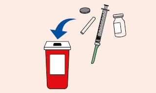 Drawing of a syringe, vial, cap, and stopper being disposed of into a red container for hazardous medical waste