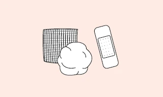 Line drawing of a rectangular adhesive bandage with central pad, a square gauze pad with crosshatch weave, and a white cotton ball