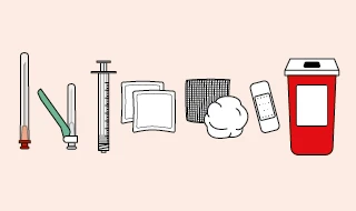 Drawing of a test tube, thermometer, syringe, gauze, cotton ball, adhesive bandage, and a red medical waste container on a pink background