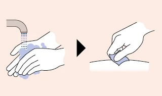 Stylized drawing showing handwashing under a water stream from a tap