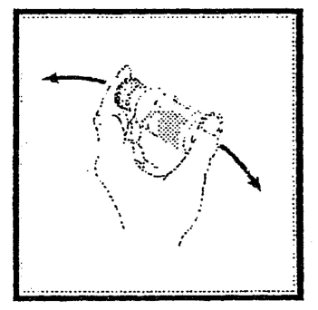Dibujo esquemático de una mano que gira un recipiente o dispositivo entre dos flechas direccionales opuestas para indicar el movimiento de rotación