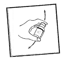 Una mano che tiene un piccolo flacone di medicinale e lo agita delicatamente con un movimento rotatorio indicato da due frecce curve