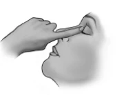 An index finger gently pressing on the bridge of the nose of a human profile, indicating a point of application or pressure