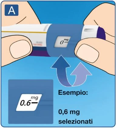 Medical illustration showing two hands rotating a blue and white injection device to select a dosage of 0.6 mg