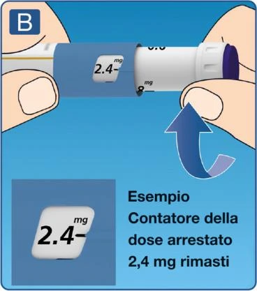 Illustration of a medical device held between fingers showing a dose indicator set at 2.4 mg and a blue arrow indicating counter movement