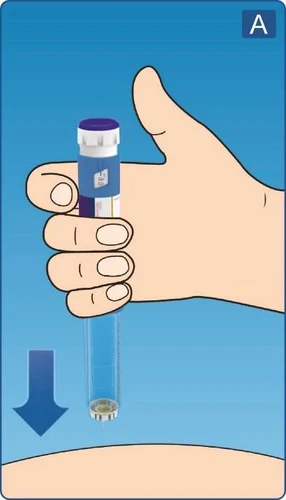 A hand holding a blue and white auto-injector vertically with a downward-pointing arrow above a light skin surface