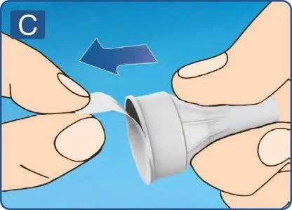 Two hands gently removing the white cap of a vial following the direction indicated by a blue arrow on a light blue background