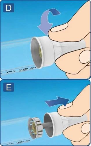 Two-step medical illustration showing a hand rotating the top part of a medical device over a transparent graduated container