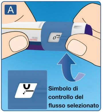 Two hands holding a medical device with a flow indicator and a curved blue arrow pointing toward the left