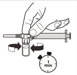 Una mano agita verticalmente un piccolo flacone di medicinale con frecce direzionali e un cronometro che indica un minuto