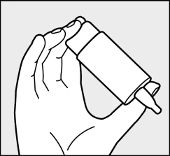 Line drawing of a hand holding and tilting a medical bottle with a dropper cap to dispense liquid