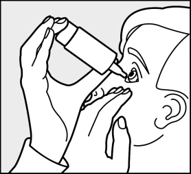 Two hands hold a dropper bottle to apply a drop of medicine into the eye