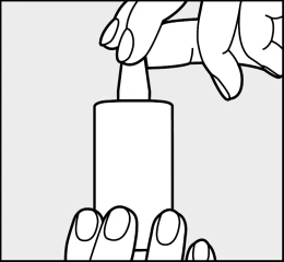 A hand holds the top part of a cylindrical medical device while the other
