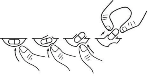 Dibujo esquemático que muestra las fases para separar una pastilla de un blíster presionando con los dedos sobre la base del envase