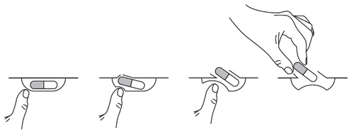 Disegno sequenziale che mostra le mani che premono e ruotano una capsula su una superficie per aprirla e separarne i due componenti
