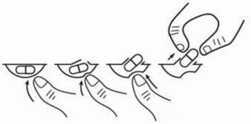 Diagramma in bianco e nero che mostra quattro passaggi per estrarre una compressa da un blister usando le dita per spingere e sollevare il farmaco