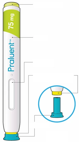 Praluent 75 mg autoinjector pen, white with green and blue details, and an enlarged view of the tip with a removable blue cap