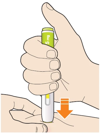 A hand gripping a yellow and white injector pressed against the arm skin with an orange arrow indicating downward movement