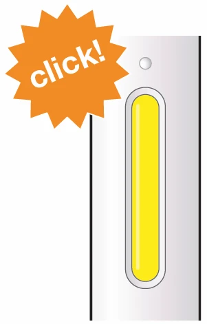 Graphic of a white medical device with an oval window containing yellow liquid and an orange star with the word 'click' in white