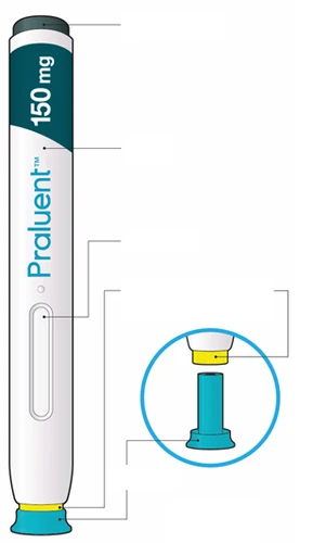 Praluent 150 mg injection pen, white and blue with yellow details, and a circular magnification of the tip for the