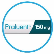 Circular logo with blue border and white background, horizontal band displaying 'Praluent' in blue and '150 mg' on a dark background