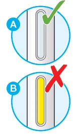 Diagram with two circles: circle A shows a device with transparent window and green checkmark, circle B shows yellow window and red cross