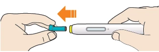 Two hands separating a white medical device from a blue cap indicated by an orange arrow pointing to the left