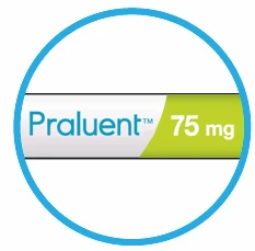 Circular logo with blue border and horizontal white and green stripe bearing the name Praluent and dosage 75 mg in white and blue