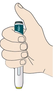 A hand holding vertically a white injection pen with blue text and a dark upper cap for the