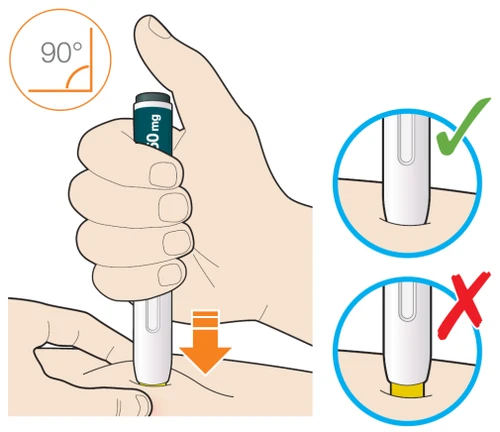 Medical illustration showing a hand pressing an autoinjector onto the skin at 90 degrees with checkmark and cross symbols for correct application