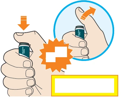 Illustration of hands gripping a medical device with an orange arrow indicating thumb rotation movement towards the