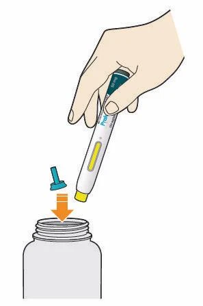 A hand holding a white and blue injection pen directed towards the