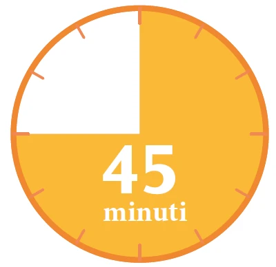 Orange circular clock with three-quarters of the surface colored yellow and white text '45 minutes' in the center