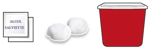 Two packages of alcohol wipes, two white cotton balls, and a red container with white lid on a neutral background