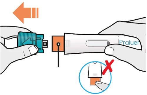 Two hands separating a Praluent medical device with an orange arrow and a blue circle showing an error with a red cross