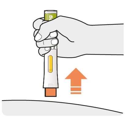 A hand gripping a white medical device with a yellow window moving towards the