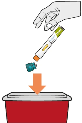 A hand holding a white and yellow medical device being inserted into a red container via a downward-pointing orange arrow