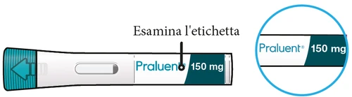 Illustration of a Praluent 150 mg injection pen with a circular magnification clearly showing the