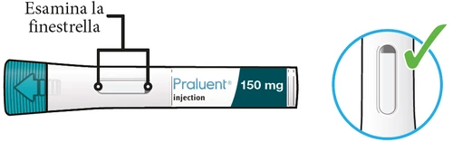 Illustration of a Praluent 150 mg injection pen indicating to examine the transparent viewing window and a magnified detail of it with a green checkmark